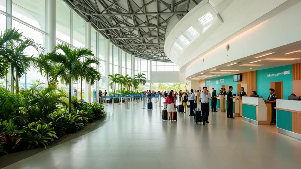 Sala partenze e area check-in all'interno del terminal dell'Aeroporto Internazionale di Puerto Princesa a Palawan, Filippine, illuminata dalla luce tropicale