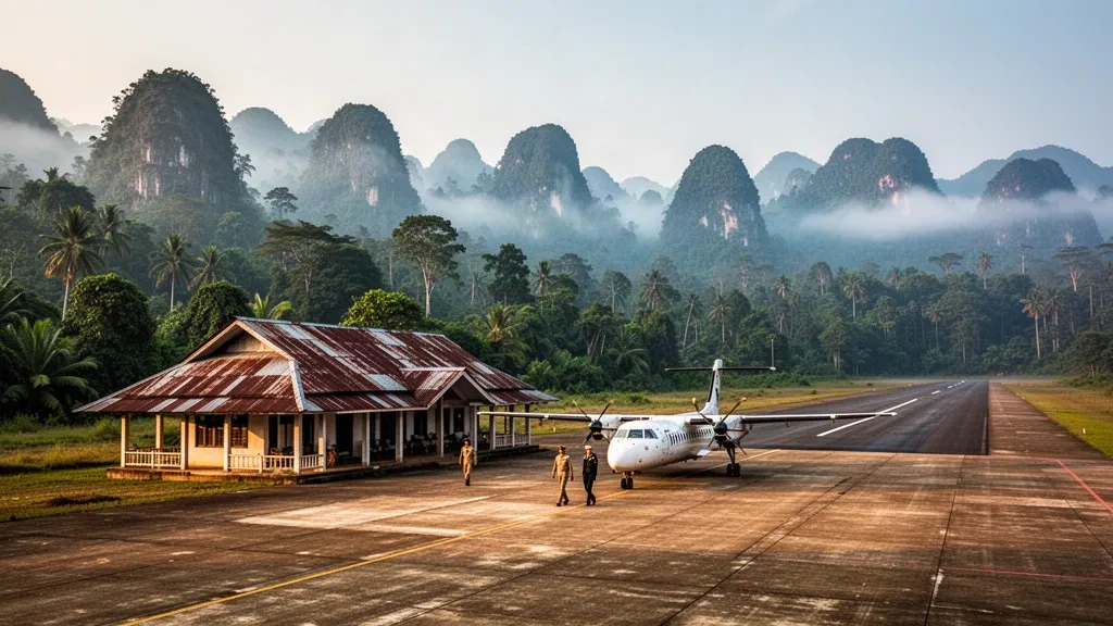 Twin-prop aircraft on the small jungle airstrip at Hpapun Airport in Kayin State, Myanmar, framed by misty mountain ridges
