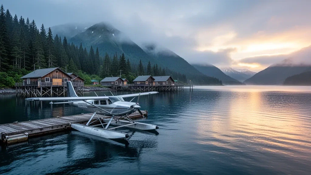 Ein Wasserflugzeug am Dock des Port Protection Seaplane Base in Alaska, umgeben von ruhigem Wasser, immergrünem Wald und nebligen Küstenbergen im Morgengrauen.