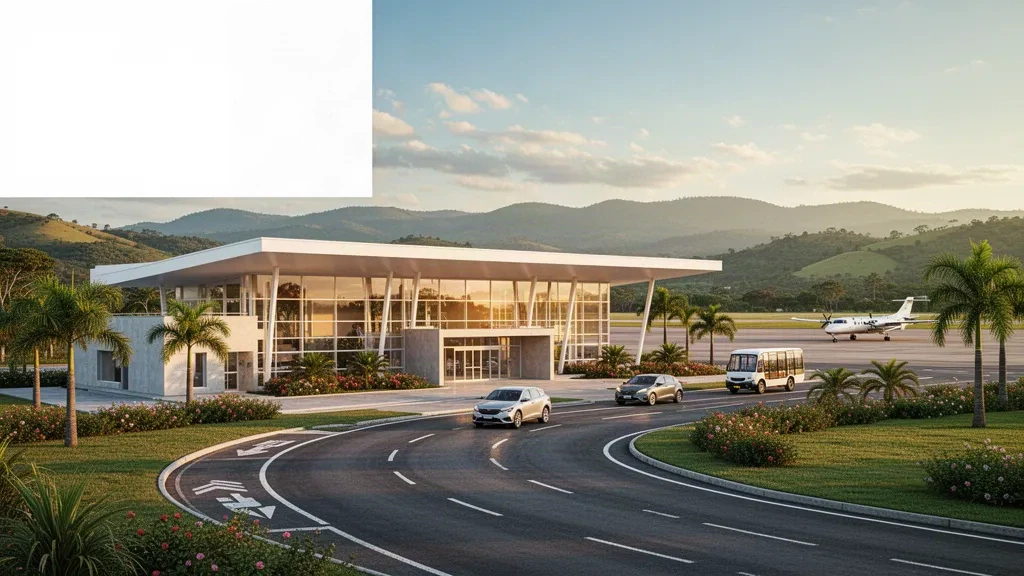 Terminal pequeña moderna y carril de descenso en el aeropuerto de Pouso Alegre, Minas Gerais, Brasil, rodeado de vegetación tropical y colinas