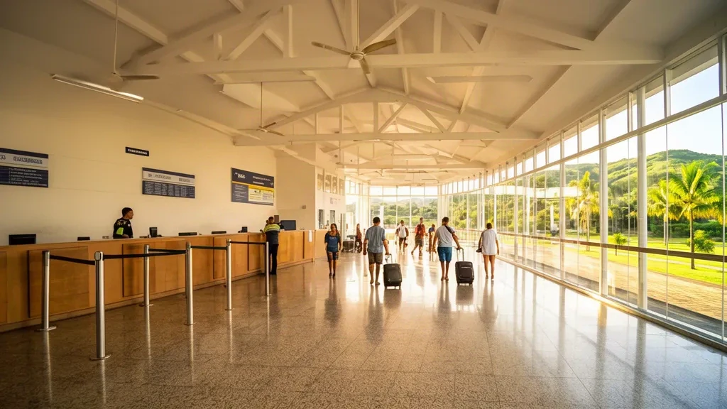 Brezilya, Minas Gerais'teki Pouso Alegre Havalimanı PPY'de check-in kontuarları ve gün ışığında yolcularla parlak terminal iç mekanı
