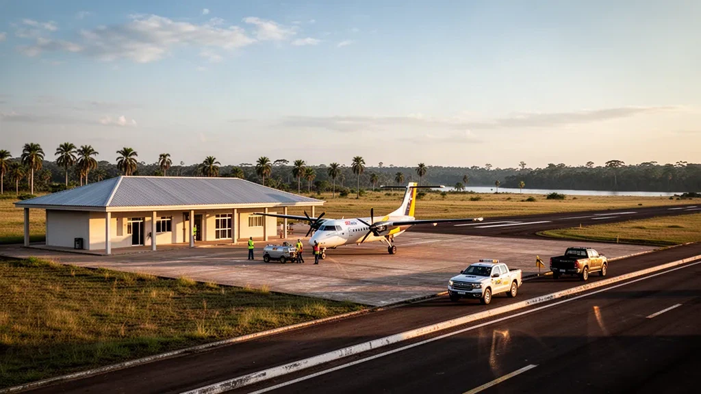 Venezuela'nın Apure kentindeki Puerto Páez Havalimanı'nda sıcak tropikal llanos ışığı altında küçük bölgesel terminal, apron ve turboprop uçak