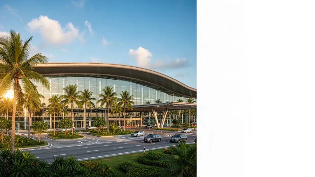 Esterno moderno del terminal in vetro dell'Aeroporto Internazionale di Phú Quốc con palme tropicali, linee del tetto curve e luce solare dell'ora d'oro.