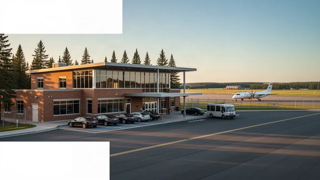 Modernes Glasterminal und Vorfahrtbereich am Presque Isle International Airport in Maine während der goldenen Stunde