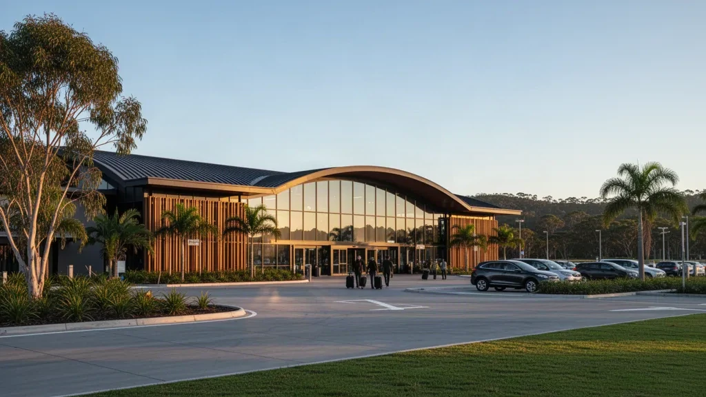 Moderne Terminalfassade aus Glas und Holz am Flughafen Port Macquarie im Licht der goldenen Stunde, mit Palmen und einer übersichtlichen Vorfahrt