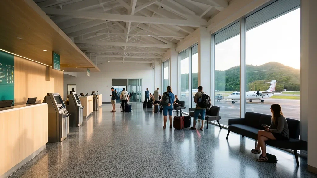 Reisende beim Check-in und Warten im hellen, modernen Terminalinneren des Flughafens Port Macquarie PQQ in New South Wales