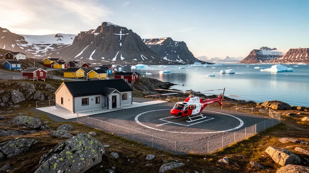 Small Arctic heliport building and gravel pad with a helicopter beside rocky shoreline and icebergs in Qeqertaq, Greenland, at golden hour