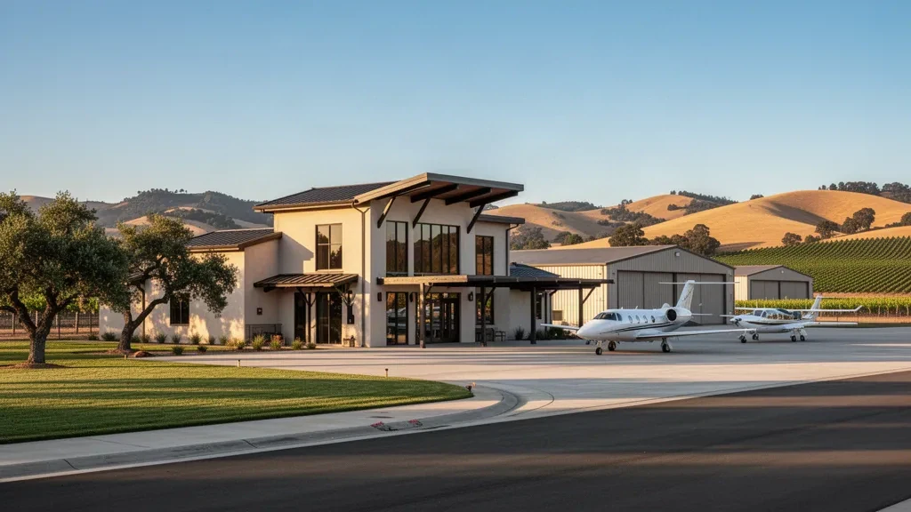 Terminal building and aircraft apron at Paso Robles Municipal Airport in California wine country at golden hour