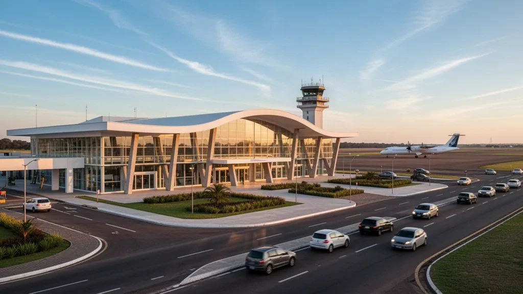 Außenansicht des Terminals des Flughafens General Urquiza in Paraná, Argentinien, mit Glasfassade, Vorfahrtspur, geparkten Flugzeugen und Licht zur goldene Stunde.