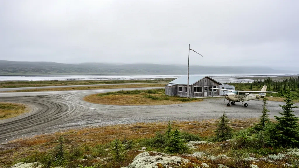 Schotterpiste und kleines verwittertes Terminalgebäude am Flughafen Pilot Station im ländlichen Alaska unter weichem, bedecktem Licht