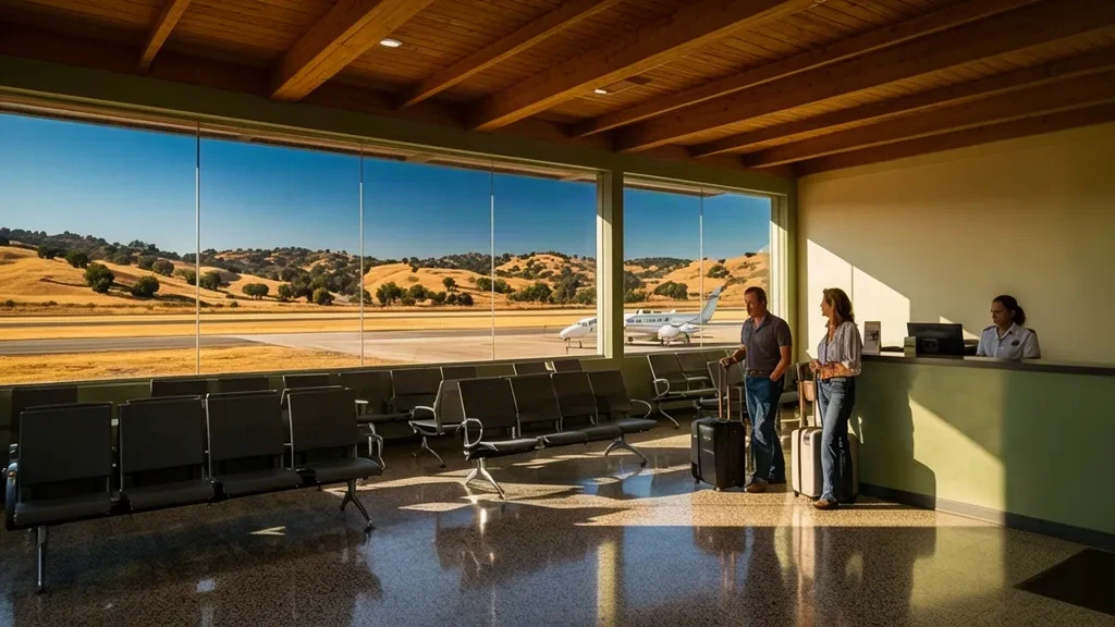Sunlit waiting area inside the Paso Robles Municipal Airport terminal in California with travellers and dry golden hills visible beyond the glass