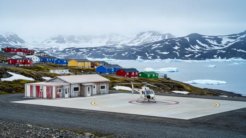Petit terminal d'héliport à Qeqertaq au Groenland, à côté d'une hélistation en béton avec un hélicoptère et les icebergs de la baie de Disko en arrière-plan