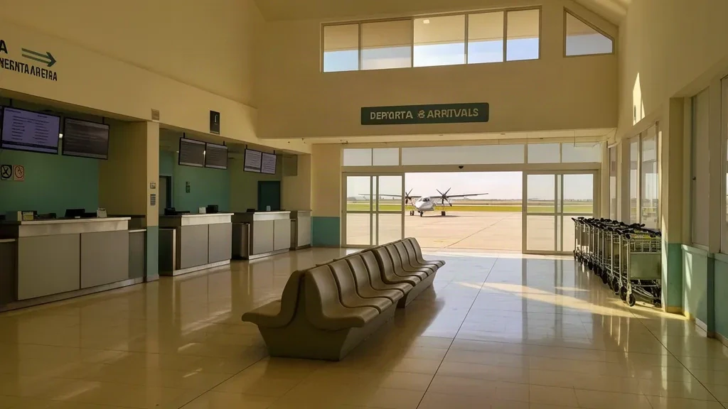 Paraná, Arjantin'deki General Urquiza Havalimanı terminalinin check-in kontuarları ve cilalı karo zeminli aydınlık iç mekanı