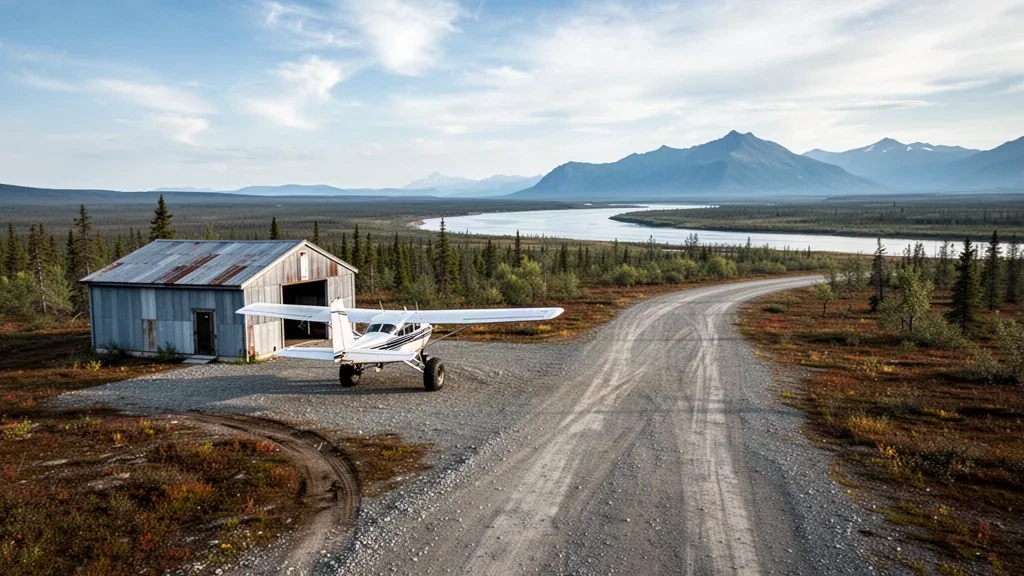 Geniş açık gökyüzü altında Alaska tundrasındaki Pilot Station Havalimanı'nda çakıl pist, küçük hangar ve bir bush uçağı