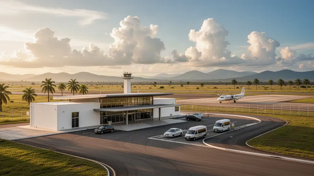 Small regional airport terminal and runway in the tropical savanna plains of Pore, Casanare, Colombia, photographed at golden hour