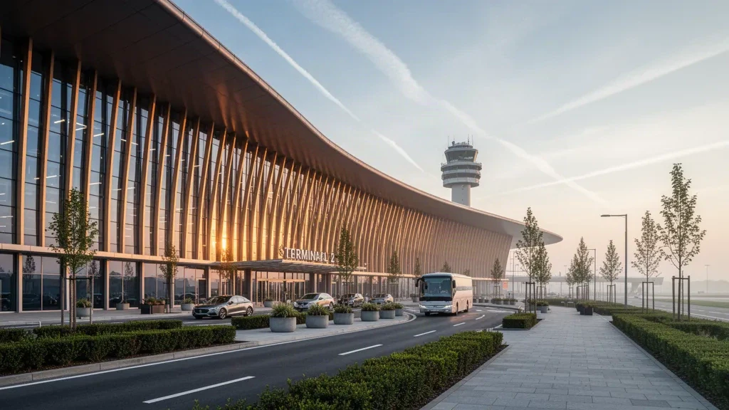 Moderne Glasfassade des Terminals am Václav Havel Flughafen Prag zur goldenen Stunde, mit Vorfahrtsbereichen am Bordstein und offenem Himmel.