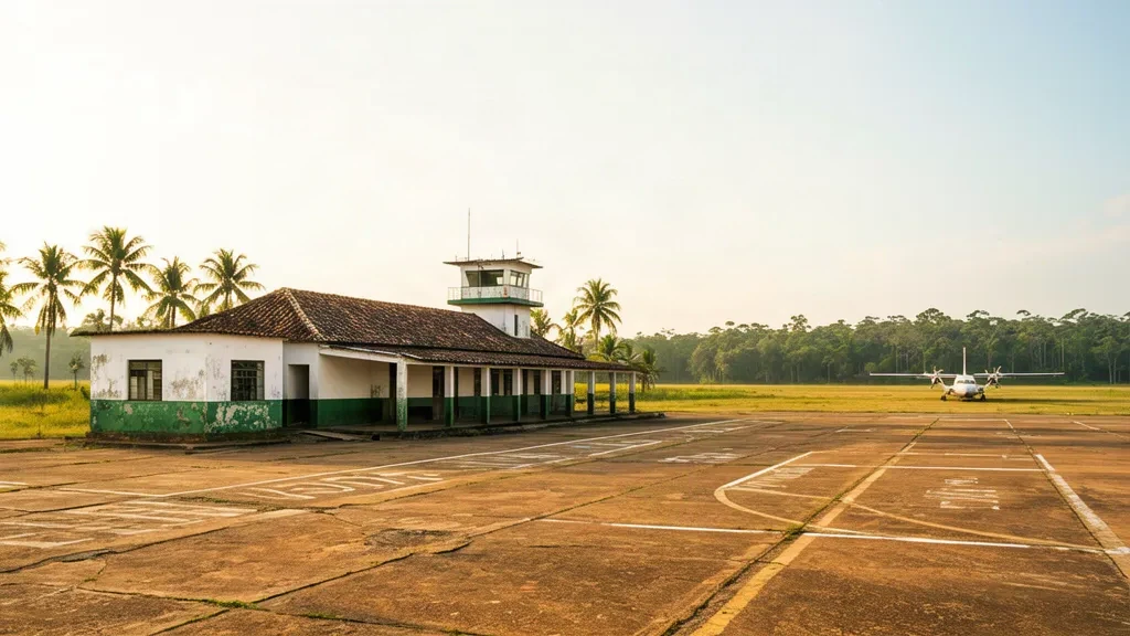 Small regional terminal building at Pore Airport in Casanare, Colombia, with apron, control tower and savanna landscape under afternoon light.
