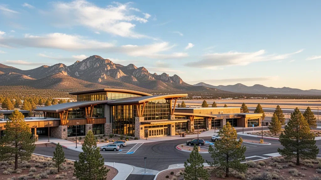 Bâtiment terminal moderne de l'aéroport régional de Prescott en Arizona, avec vue sur les montagnes et éclairage à l'heure dorée.