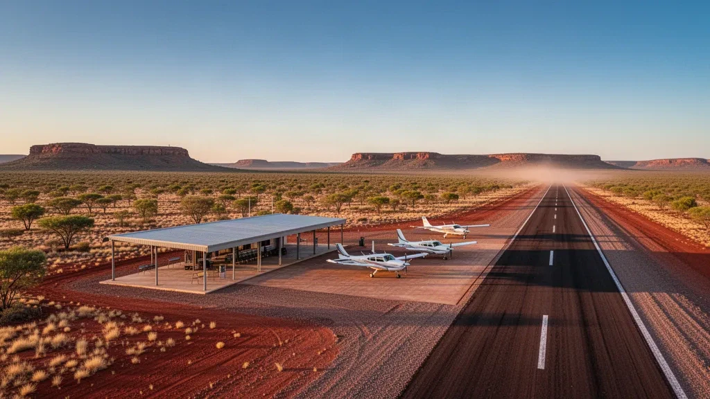 Piste d'atterrissage isolée de l'aéroport de Pardoo dans l'outback du Pilbara en Australie-Occidentale, avec piste en terre rouge et petits avions stationnés à l'heure dorée