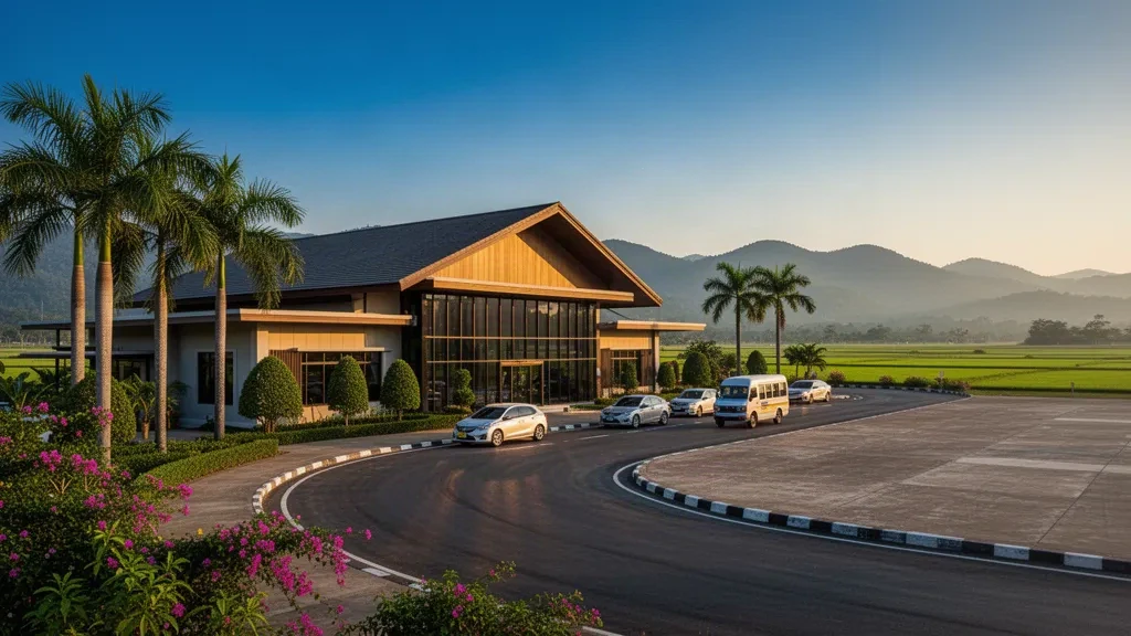 Vue à l'heure dorée d'un petit terminal aéroportuaire du nord de la Thaïlande avec une voie de dépose incurvée, des palmiers tropicaux et des montagnes au loin