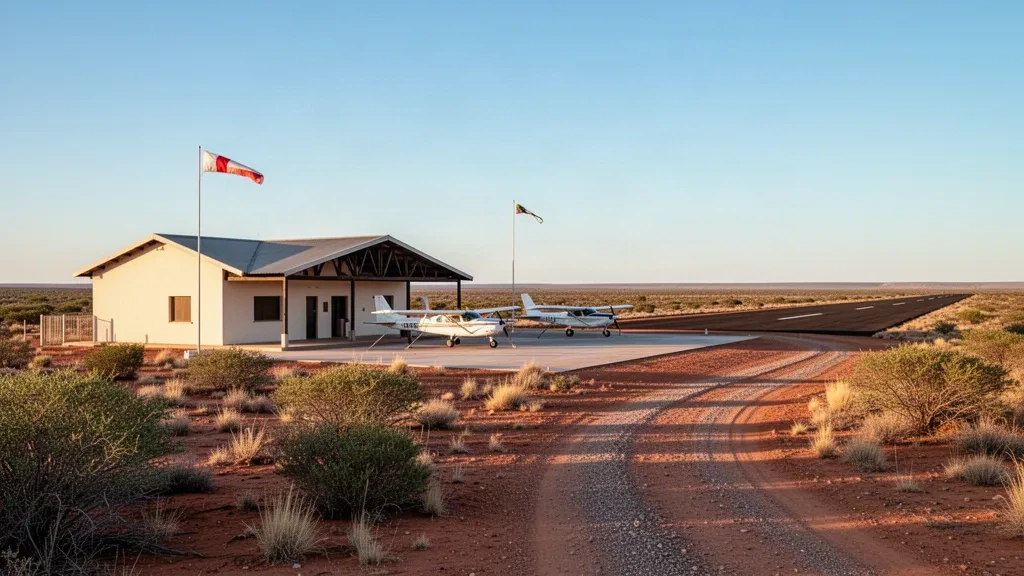 Vorfeld eines kleinen Regionalflugplatzes, bescheidenes Terminalgebäude und abgestellte Leichtflugzeuge am Flughafen Prieska im Northern Cape zur goldenen Stunde