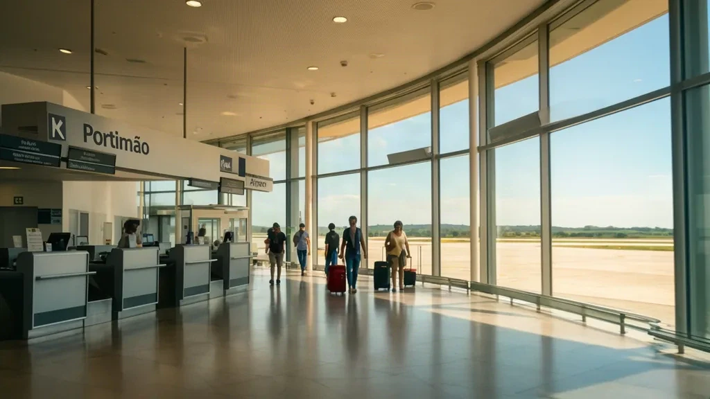 Innenbereich des Terminals des Flughafens Portimão in der Algarve, Portugal, mit Check-in-Schaltern und großen Fenstern mit Blick auf das Vorfeld.