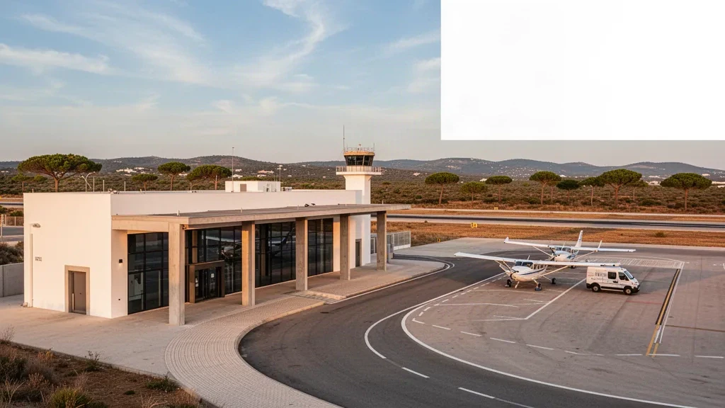 Terminal moderna del aeropuerto de Portimão con zona de descenso accesible y plataforma para aeronaves ligeras bajo la cálida luz del Algarve