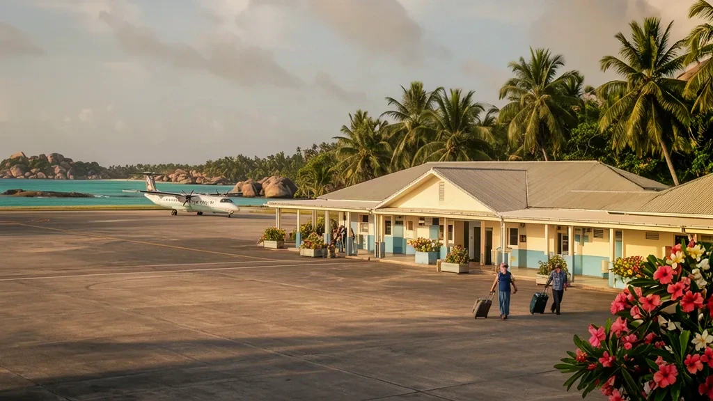 Kleines tropisches Terminalgebäude am Flughafen Praslin Island auf den Seychellen, umrahmt von Palmen und hellem Inselsonnenlicht