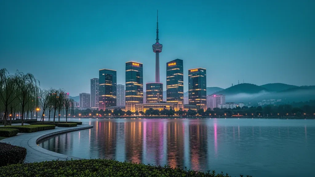 Skyline von Hefei zur blauen Stunde mit dem Anhui Radio and Television Tower über dem Schwanensee in der Provinz Anhui, China