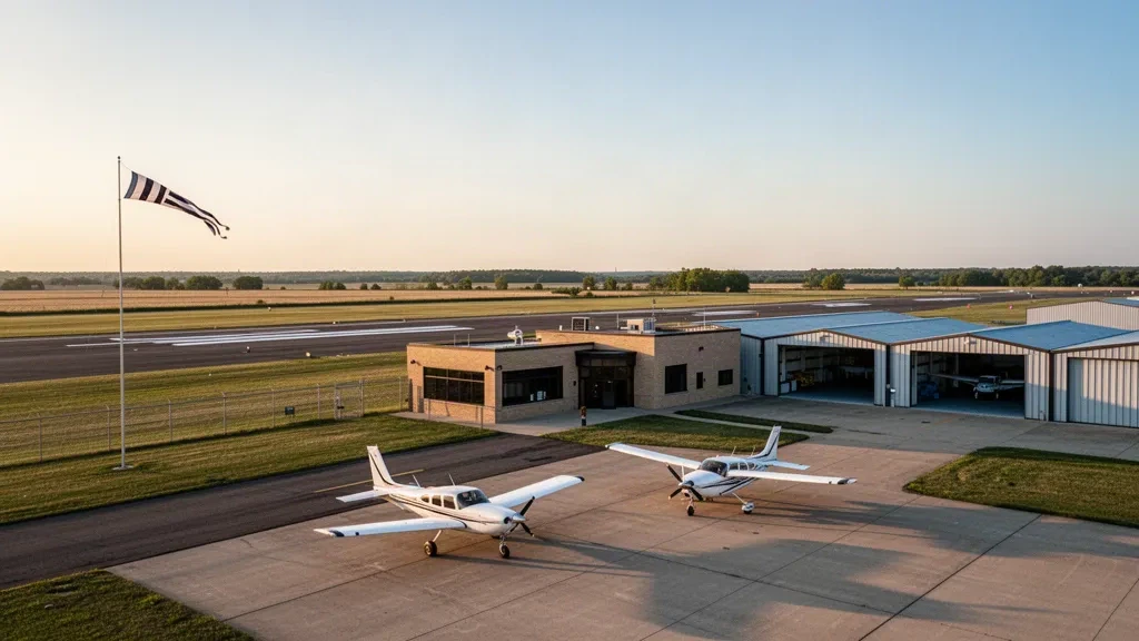 Golden-hour view of Perry Municipal Airport in Iowa, showing its runway, apron, light aircraft and hangars amid flat farmland.