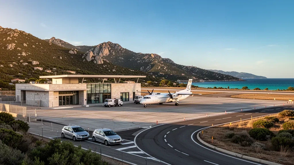 Small Corsican airport terminal and apron near Propriano, with maquis hills, a parked turboprop airliner and the Gulf of Valinco at golden hour.