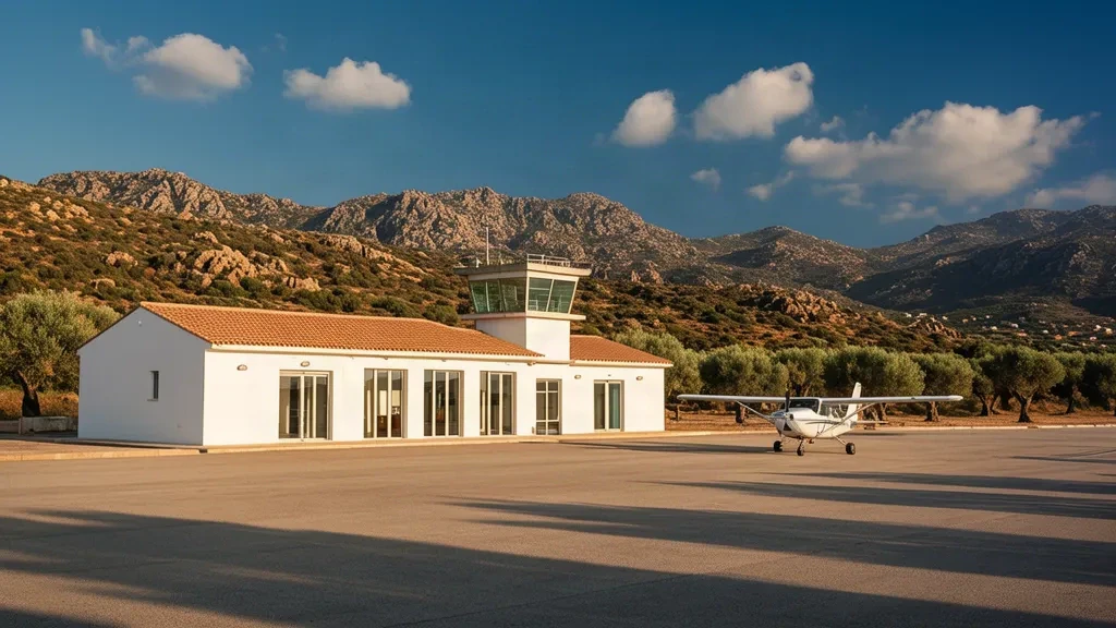 Pequeño edificio terminal blanco y plataforma pavimentada en el aeropuerto de Propriano, en Córcega, con colinas secas y cielo azul mediterráneo al fondo