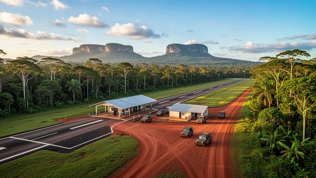 Abgelegene tropische Landebahn am Flughafen Paruima in Guyana mit einem kleinen Terminalgebäude, der Start- und Landebahn und umgebendem Regenwald im Licht der goldenen Stunde.