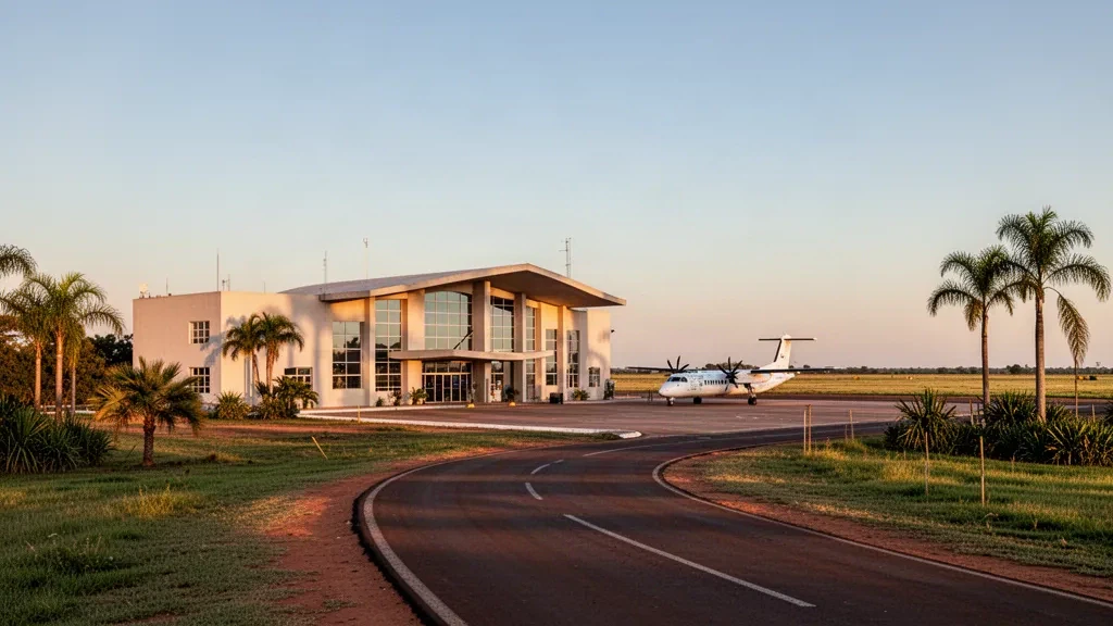 Terminal basso e piazzale tranquillo presso l'aeroporto di Termal a Roque Sáenz Peña, Chaco, Argentina, immersi nella calda luce dorata del tramonto