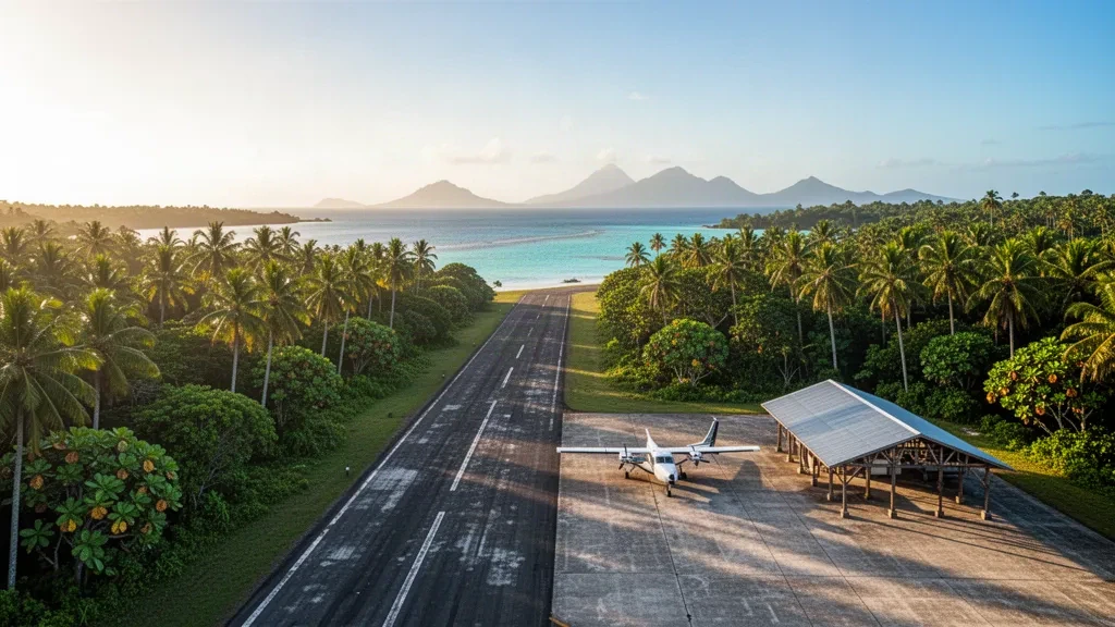 Pista di atterraggio su un'isola tropicale all'aeroporto di Parasi nelle Isole Salomone, incorniciata da palme accanto alle acque turchesi della laguna