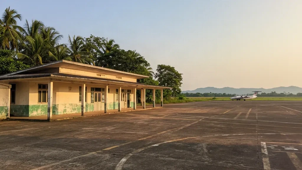 Pequeño edificio terminal regional en el Aeropuerto de Pyay PRU, en Myanmar, con plataforma y palmeras bajo una cálida luz de tarde