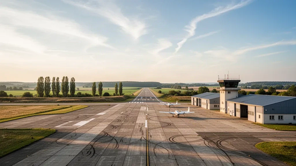 Pista de hormigón, hangares y torre de control en la base aérea de Přerov, en la República Checa, durante la hora dorada