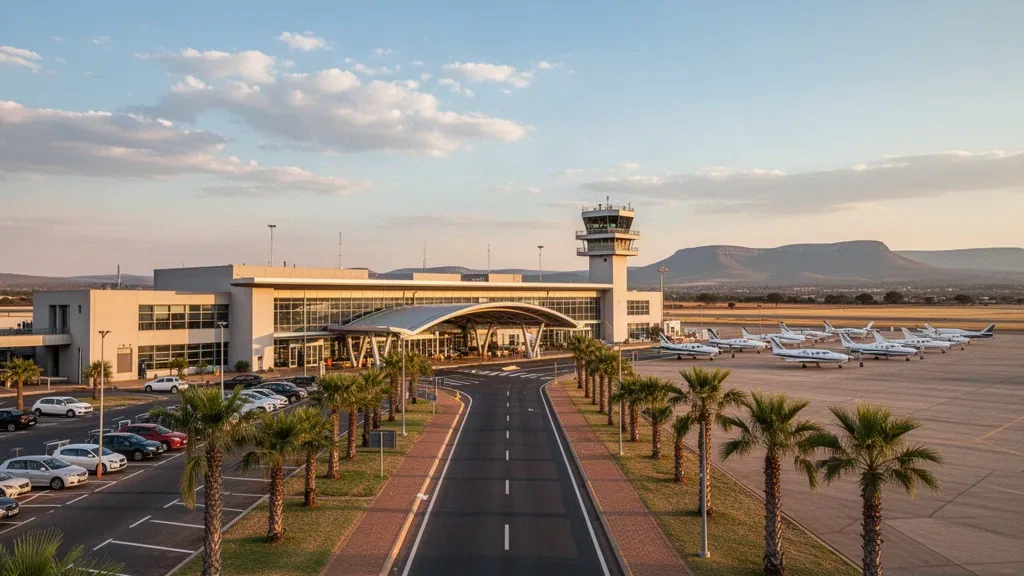 Modern terminal and apron at Wonderboom Airport near Pretoria, South Africa, with light aircraft parked in warm afternoon light