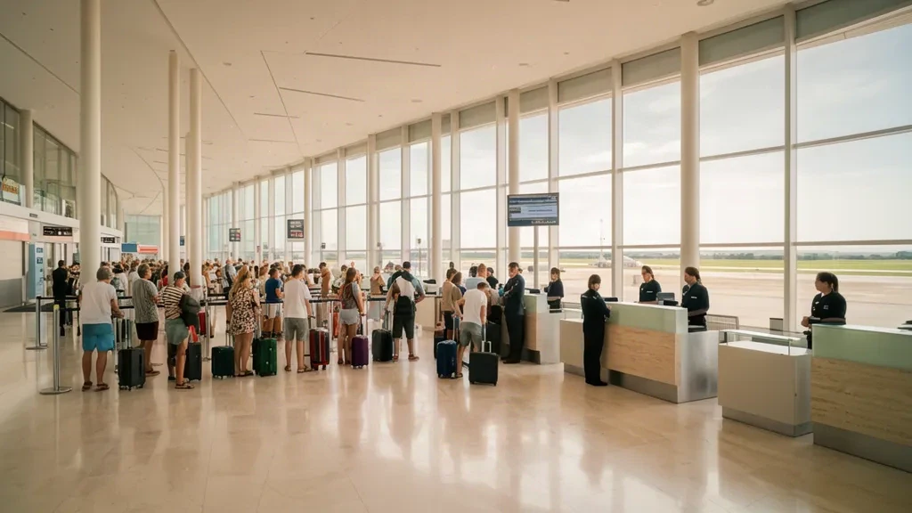 Sunlit departures hall inside Pisa International Airport's Galileo Galilei terminal with check-in counters and travellers queuing with luggage