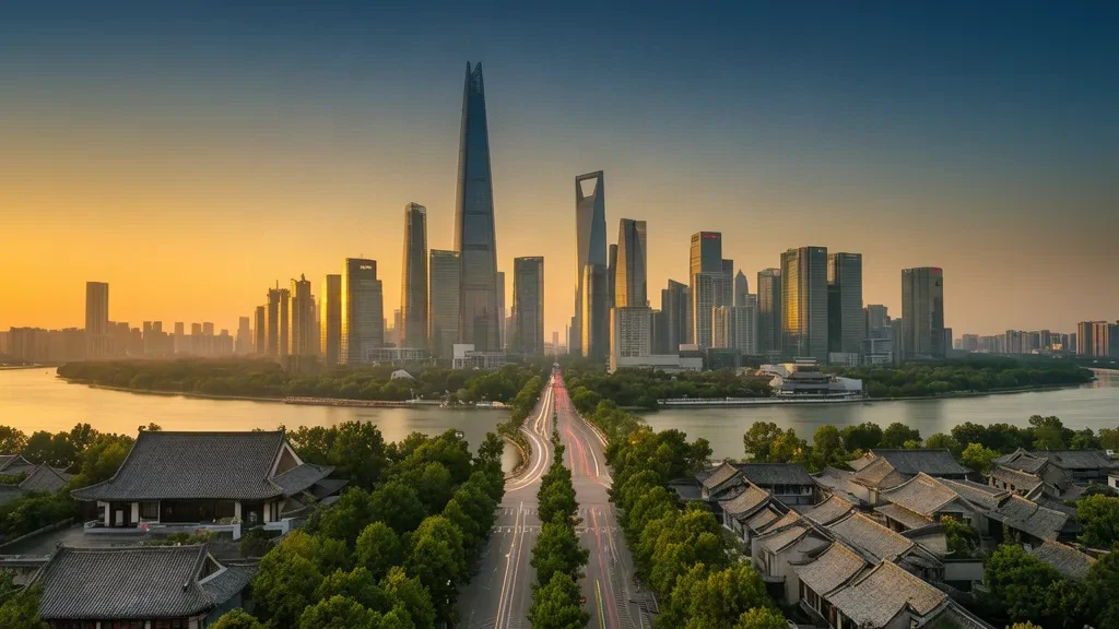 Skyline del CBD di Pechino nell'ora d'oro con la torre China Zun, moderni grattacieli e viali alberati nella calda luce serale