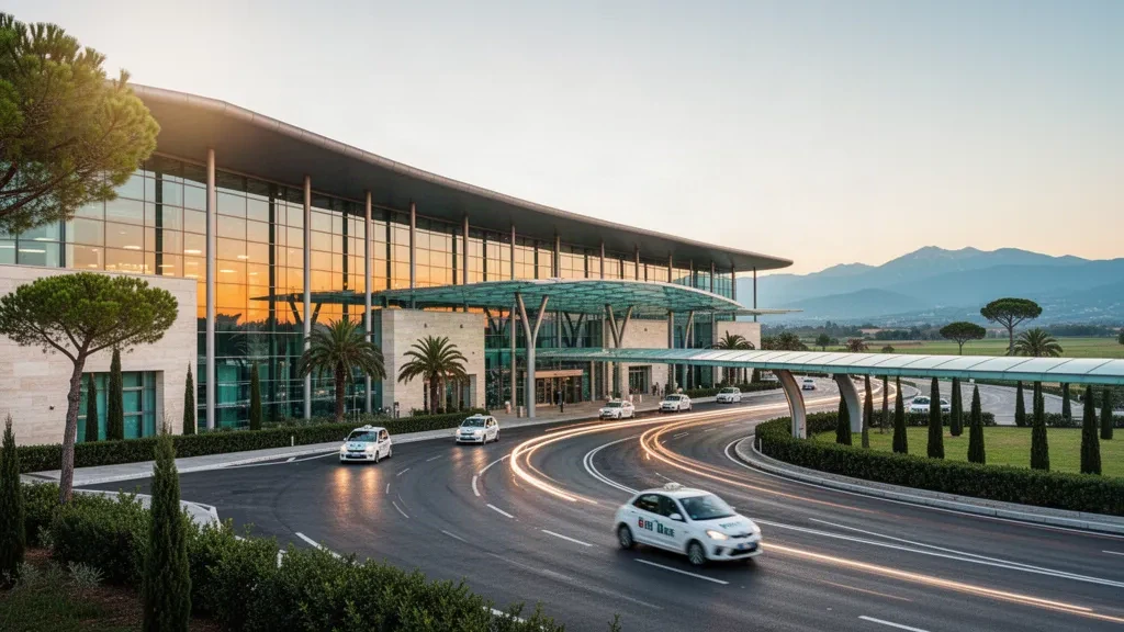 Terminal moderne en verre et voies de dépose à l'aéroport international de Pise en Toscane à l'heure dorée, encadrés par des pins et des collines lointaines