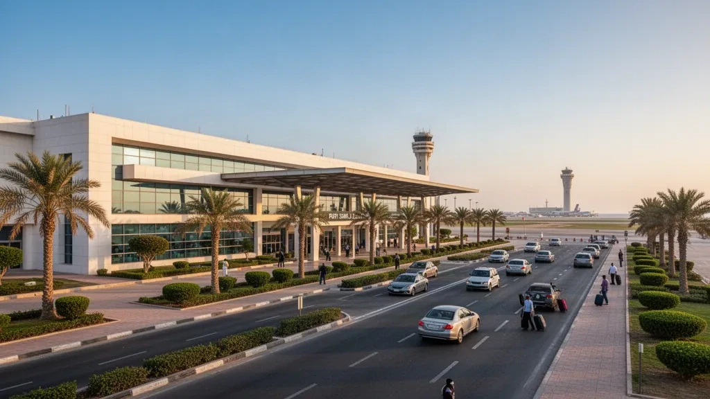 Modernes Glas-Terminal und palmengesäumte Zufahrtsstraße am Flughafen Port Said International in Ägypten zur goldenen Stunde
