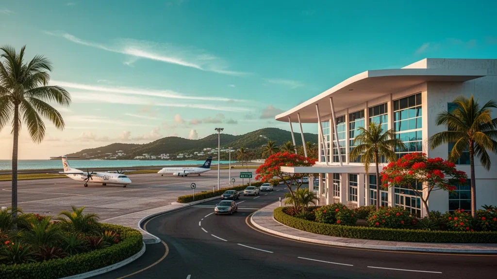 Modernes Terminal und Vorfeld am Mercedita International Airport in Ponce, Puerto Rico, umrahmt von Palmen zur goldenen Stunde mit geparkten Flugzeugen.