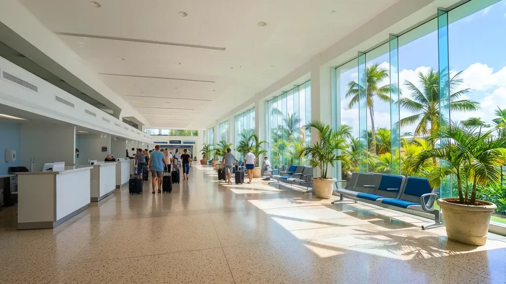 Terminalinneres des Mercedita International Airport in Ponce, Puerto Rico, mit Check-in-Schaltern, Sitzgelegenheiten und Reisenden