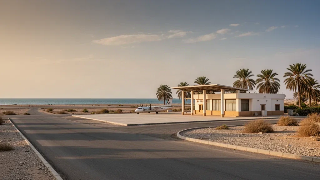 Low-slung Pasni Airport terminal in Balochistan, Pakistan, with palm trees, a parked turboprop and the Arabian Sea horizon at golden hour