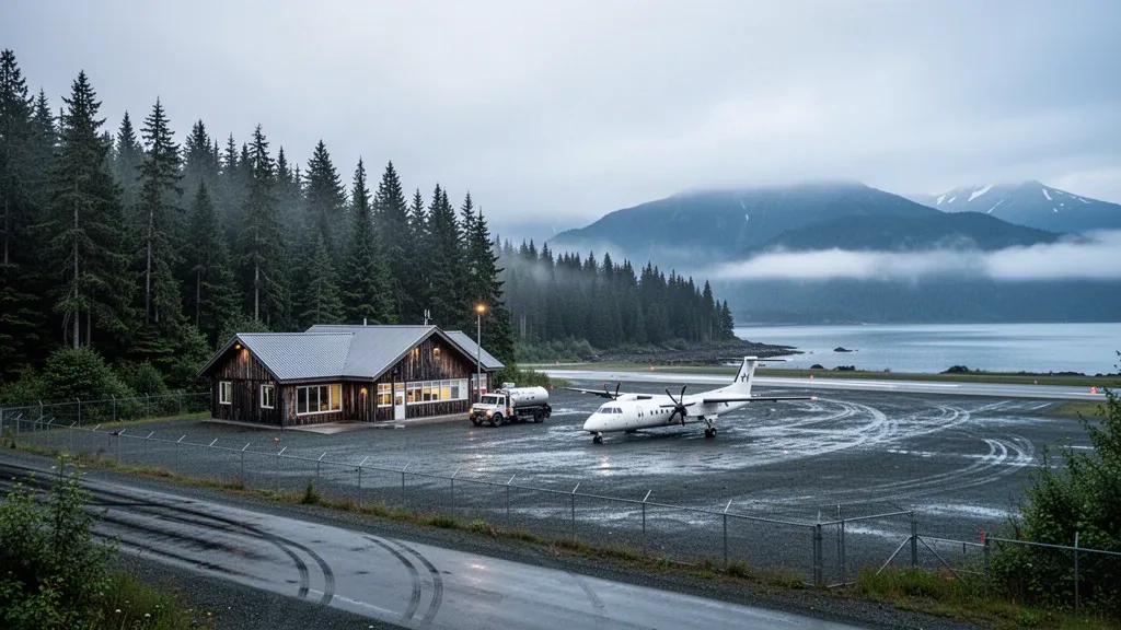 Petersburg, Alaska'da ıslak çakıl apronun, ladin yağmur ormanının ve puslu kıyı dağlarının yanındaki küçük bölgesel havaalanı terminali