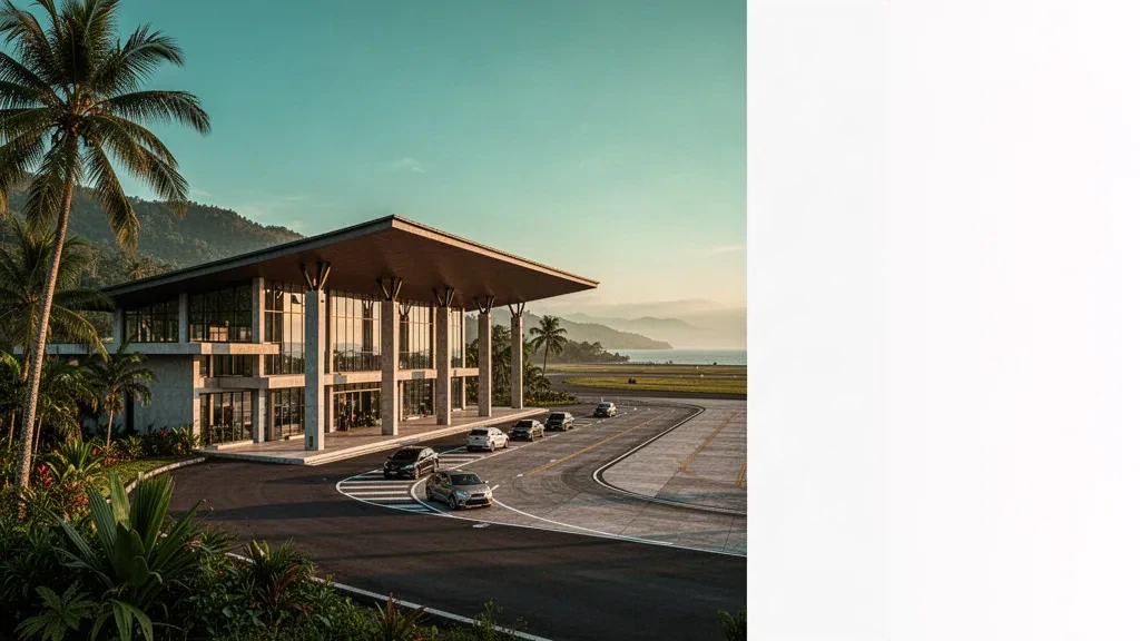 Orta Sulawesi, Poso'daki Kasiguncu Havalimanı'nda modern terminal binası ve yolcu indirme alanı, tropikal yeşillikler ve gün batımı ışığı.