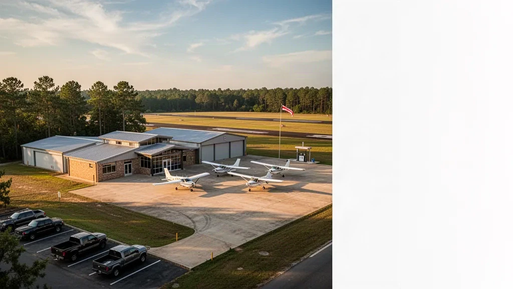 Palestine Municipal Airport apron and hangars at golden hour in East Texas, with light single-engine aircraft parked beside the runway.