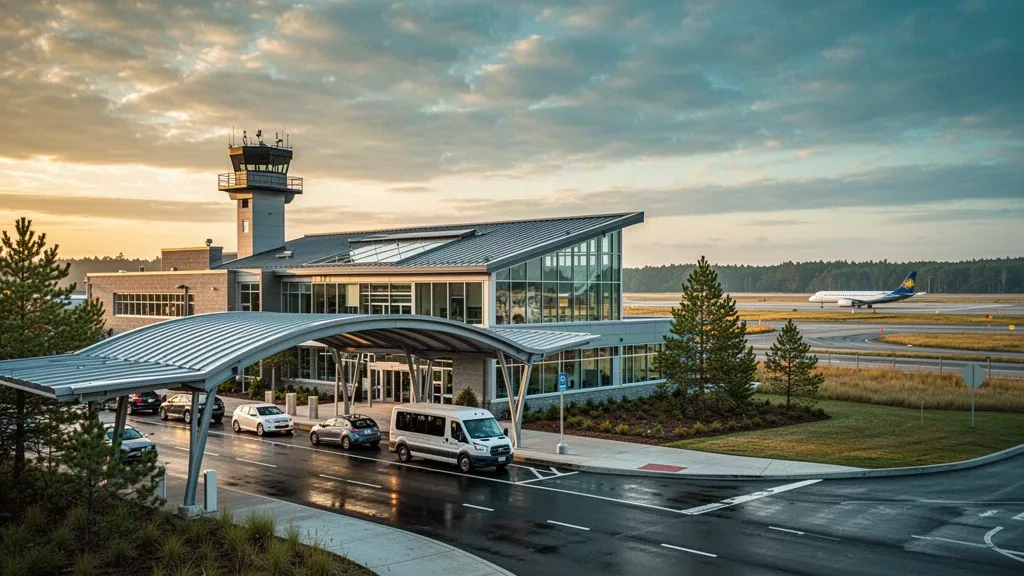 Terminal moderno con vetrate e corsie di sosta per la discesa dei passeggeri all'Aeroporto Internazionale di Portsmouth a Pease durante l'ora d'oro
