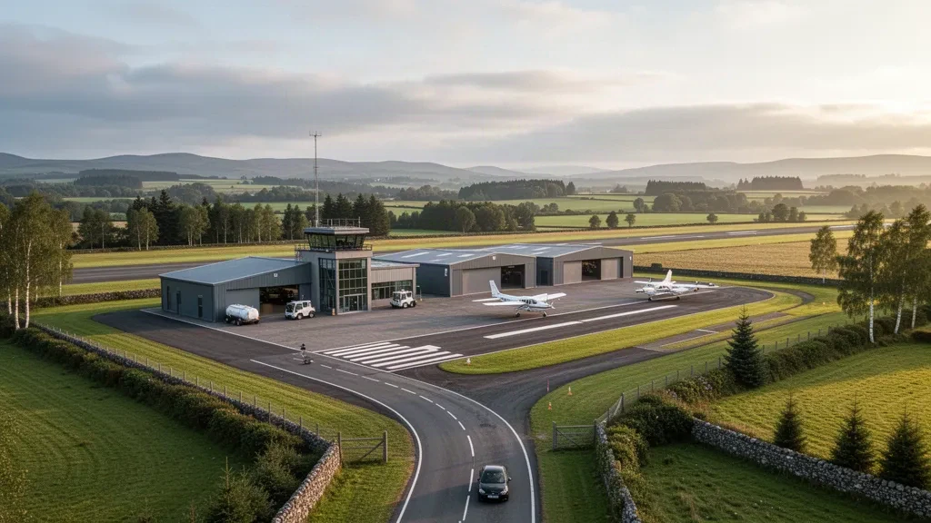 Leichtflugzeug und niedrige Hangars auf dem Flugfeld des Flughafens Perth/Scone in der grünen Landschaft von Perthshire unter weichem goldenem schottischem Licht